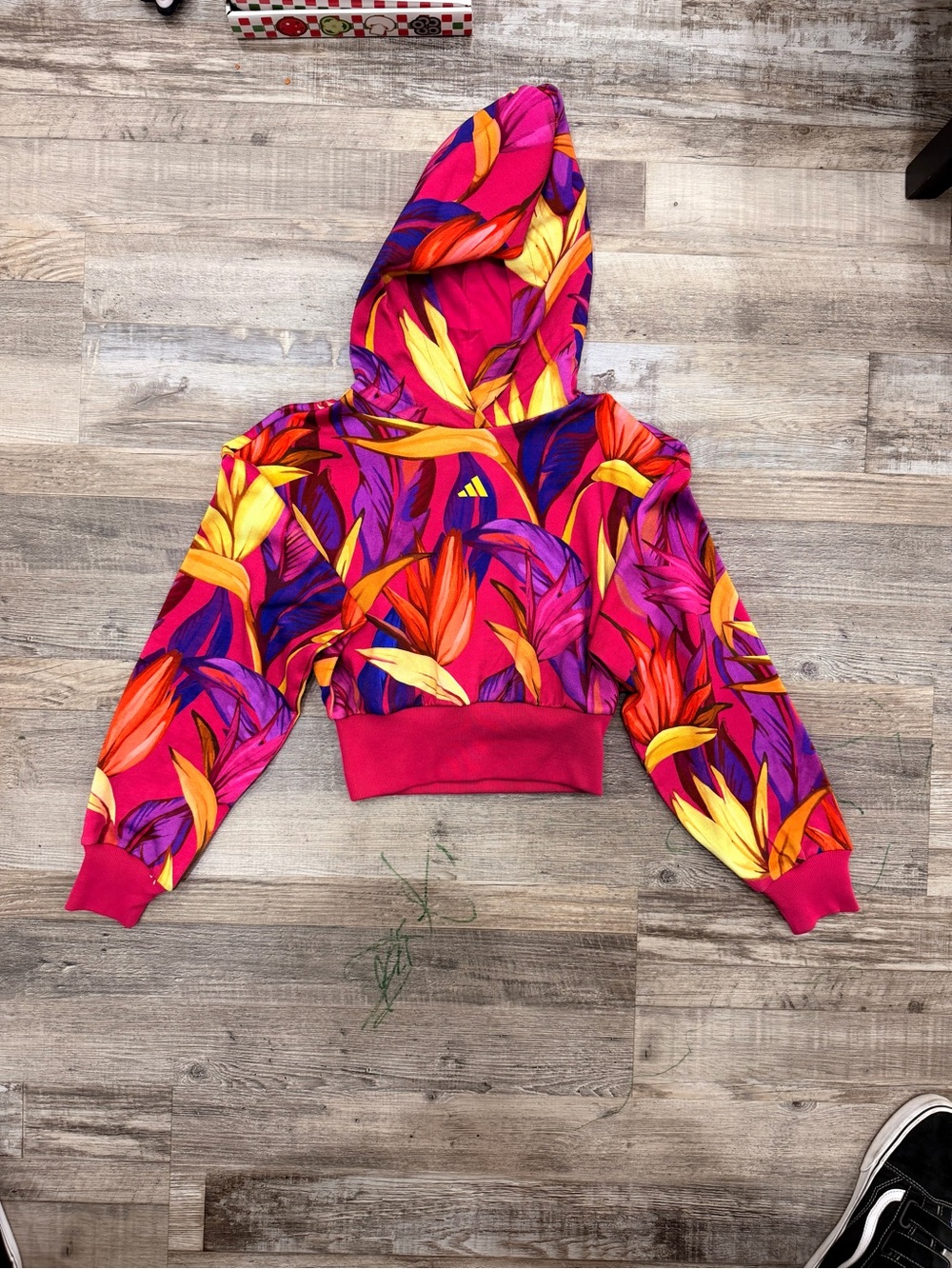 FARM Rio Vibrant Pink Floral Hooded Crop Jacket with Yellow & Purple Leaves